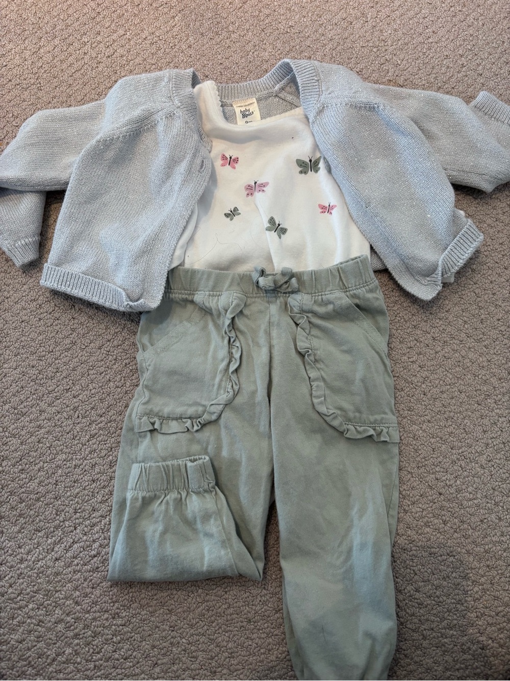 Baby Girl 3-Piece Outfit - Light Blue Cardigan, White Butterfly Top, Sage Pants